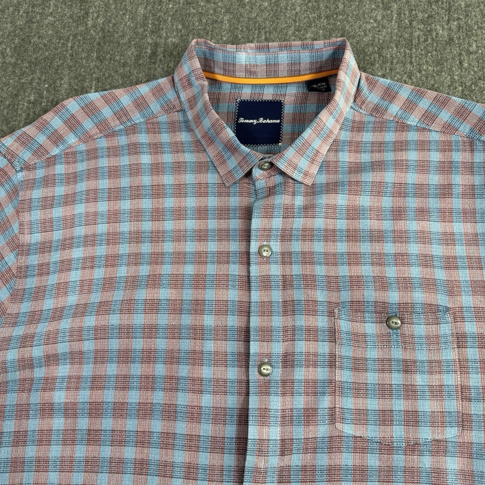 Tommy Bahama Men's XXL 100% Silk Shirt Blue Red Plaid Short Sleeve Button Up